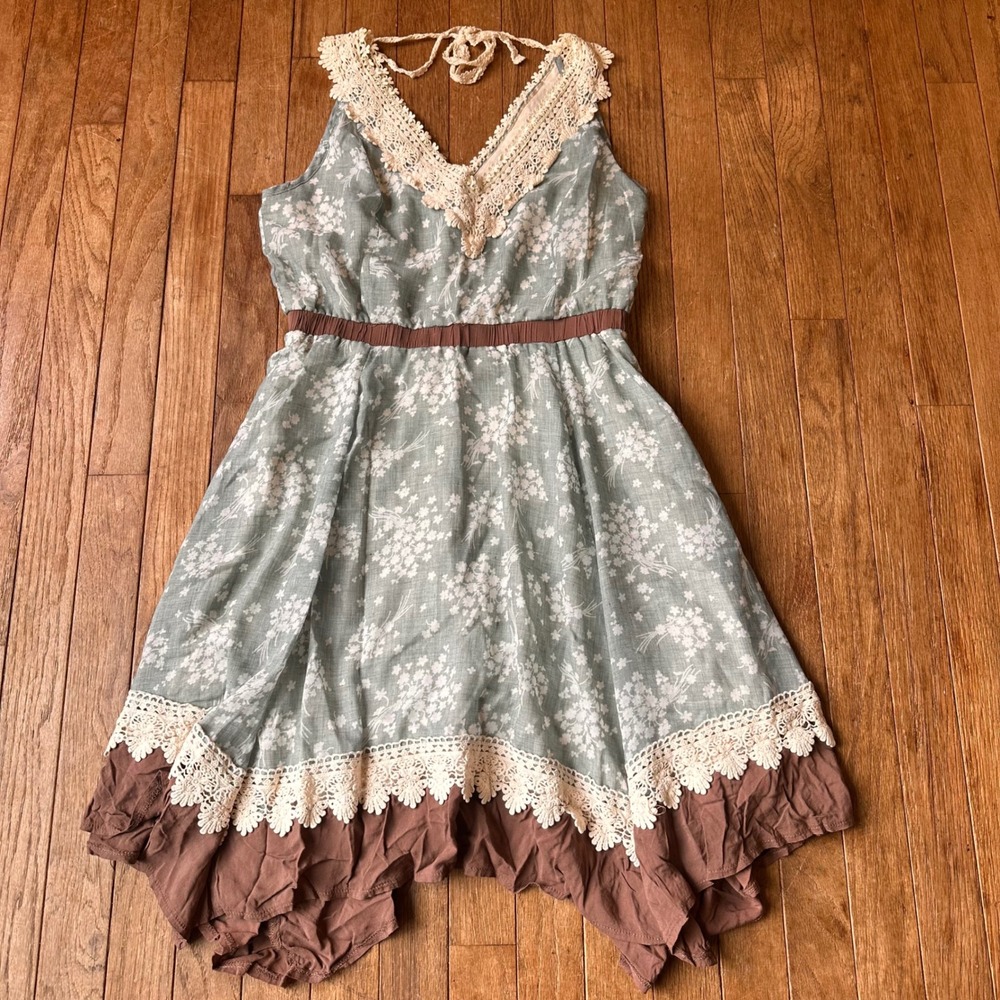 Ryu Floral Crochet Trim Dress Womens Medium Halter‎ Handkerchief Blue Brown Boho